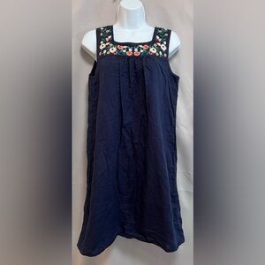 J Crew Navy Blue Linen Blend Floral Embroidered Shift Dress Size L Square Neck‎